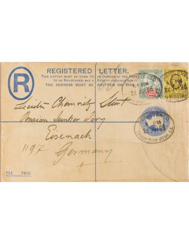 Gran Bretaña, Entero Postal. Sobre Yv 94, 96. 1899. 2 p ultramar sobre Entero Postal Certificado de LONDRES a EISENACH (ALEMAN