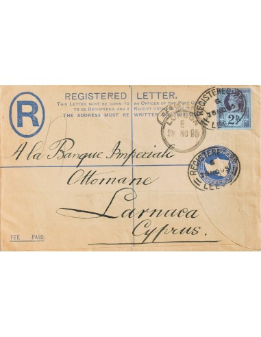 Gran Bretaña, Entero Postal. Sobre Yv 95. 1898. 2 p ultramar sobre Entero Postal Certificado de LEEDS a LARNACA (CHIPRE), con