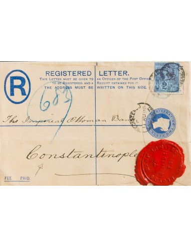 Gran Bretaña, Entero Postal. Sobre Yv 95. 1898. 2 p ultramar sobre Entero Postal Certificado de LONDRES a CONSTANTINOPLA, con