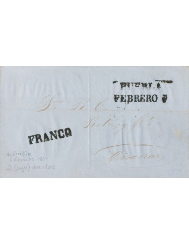 Méjico. Sobre Yv . 1861. PUEBLA a VERACRUZ. Marcas PUEBLA / FEBRERO y FRANCO, ambas en negro (Schatzkes 1147B y 1153), al dors