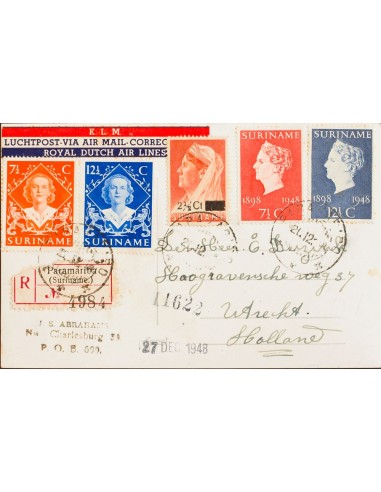 Surinam. Sobre Yv 239, 265/66, 269/70. 1948. 2 ½ cts sobre 10 cts naranja y dos series completas. Tarjeta Postal Certificada d