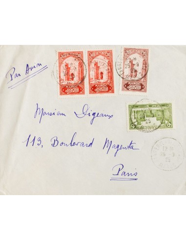 Marruecos Francés. Sobre Yv 102, 105, 107(2). 1925. 10 cts verde, 20 cts castaño lila y 30 cts rojo, tres sellos. TANGER a PAR