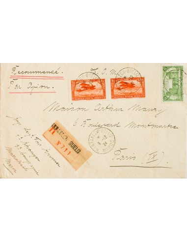 Marruecos Francés. Sobre Yv 66, Aéreo 7(2). 1924. 5 cts verde y 1 fr naranja, dos sellos. Certificado de MARRAKECH a PARIS (FR