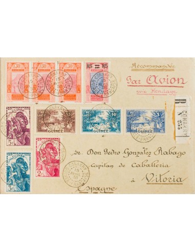 Guinea Francesa. Sobre Yv 142/44. 1938. 2 fr rosa lila, 3 fr azul verde, 5 f violeta y diversos valores. Certificado de CONAKR