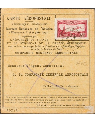 Marruecos Francés, Aéreo. Sobre Yv 2, 3, 5. 1930. 25 cts azul, 50 cts azul verdoso y 75 cts verde. Tarjeta Aeropostal de CASAB