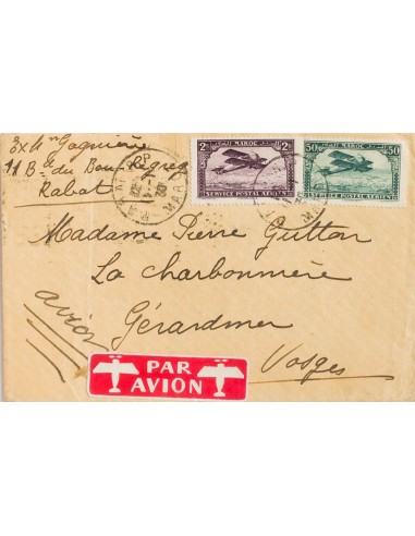 Marruecos Francés, Aéreo. Sobre Yv 3, 10. 1930. 50 cts azul verde y 2 fr violeta. RABAT a GERARDMER (FRANCIA). MAGNIFICA.