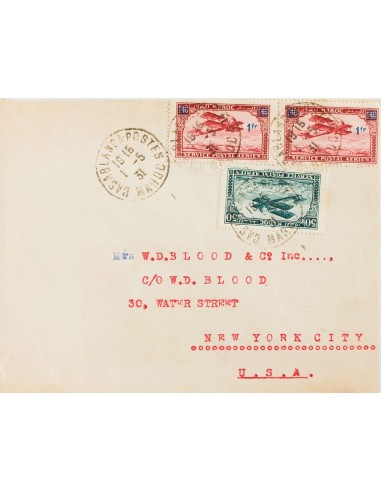 Marruecos Francés. Sobre Yv 3, 32(2). 1931. 50 cts azul verde y 1 f sobre 1´40 fr rojo castaño, dos sellos. CASABLANCA a NUEVA