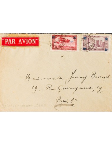 Marruecos Francés. Sobre Yv 126, Aéreo 32. 1931. 50 cts sobre 60 cts lila y 1 f sobre 1´40 f rojo carmín. MARRAKECH a PARIS (F