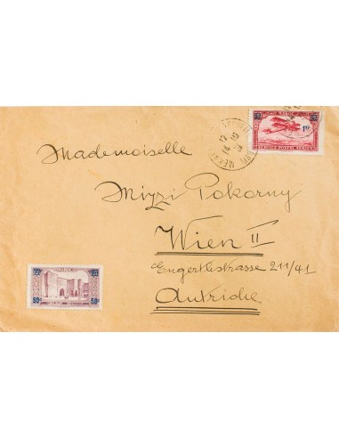 Marruecos Francés. Sobre Yv 126, Aéreo 32. 1931. 50 cts sobre 60 cts lila y 1 f sobre 1´40 f rojo carmín. MEKNES a VIENA (AUST