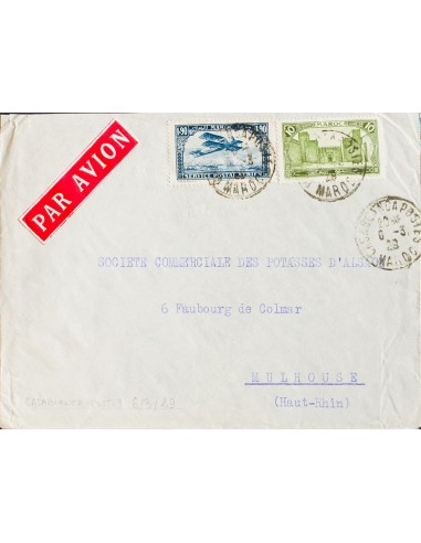 Marruecos Francés. Sobre Yv 102, Aéreo 9. 1929. 10 cts verde y 1´90 fr azul. CASABLANCA a MULHOUSE (FRANCIA). MAGNIFICA.