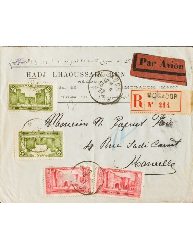 Marruecos Francés. Sobre Yv 102(2), 118(2). 1927. 10 cts verde, dos sellos y 1´40 f carmín rosa, dos sellos. Certificado de MO