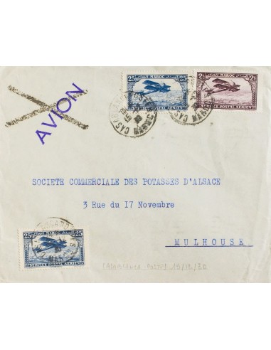 Marruecos Francés, Aéreo. Sobre Yv 2(2), 10. 1930. 25 cts azul, dos sellos y 2 fr violeta. CASABLANCA a MULHOUSE (FRANCIA). Ma