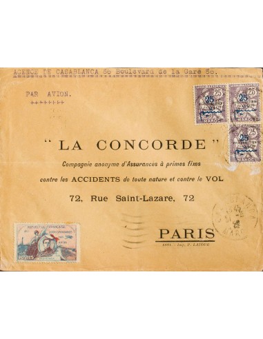 Marruecos Francés. Sobre Yv 45(3). 1922. 25 cts sobre 25 cts violeta, tres sellos y viñeta precursora GUYNEMER. CASABLANCA a P