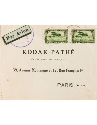 Marruecos Francés, Aéreo. Sobre Yv 5(2). 1933. 75 cts verde, dos sellos. AGADIR a PARIS (FRANCIA). Al dorso llegada. MAGNIFICA