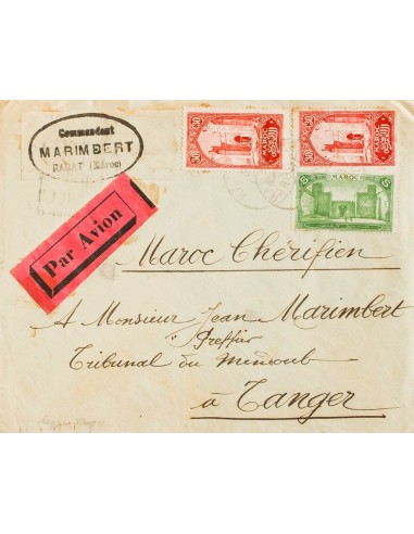Marruecos Francés. Sobre Yv 66, 107(2). 1925. 5 cts verde y 30 cts rojo, dos sellos. RABAT a TANGER. Al dorso llegada. MAGNIFI