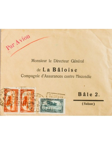 Marruecos Francés, Aéreo. Sobre Yv 119. 1923. 50 cts azul verde y 1 fr naranja, dos sellos. CASABLANCA a BASILEA (SUIZA). MAGN
