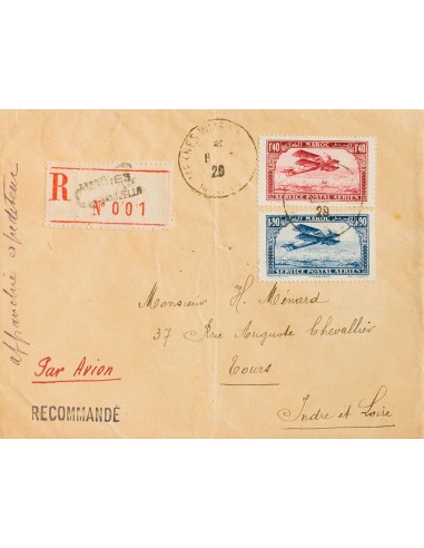 Marruecos Francés, Aéreo. Sobre Yv 8, 9. 1929. 1´40 fr rosa carmín y 1´90 fr azul. Certificado de MEKNES a TOURS (FRANCIA). Al