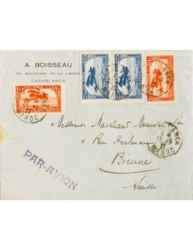 Marruecos Francés, Aéreo. Sobre Yv 2(2), 7(2). 1927. 25 cts azul, dos sellos y 1 fr naranja, dos sellos. CASABLANCA a BIENNE (