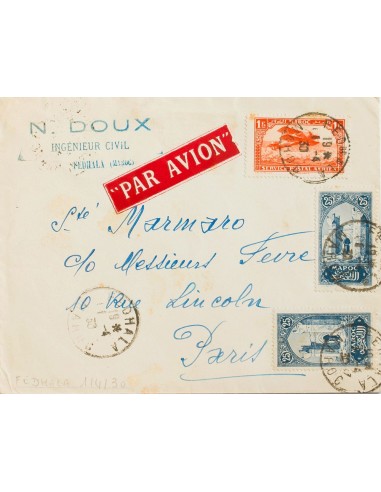 Marruecos Francés. Sobre Yv 106, Aéreo 7. 1930. 25 cts azul, dos sellos y 1 fr naranja (tonalizados). FEDHALA a PARIS (FRANCIA
