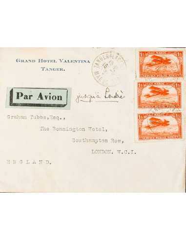 Marruecos Francés, Aéreo. Sobre Yv 7(3). 1931. 1 fr naranja, tres sellos. TANGER a LONDRES (INGLATERRA). Al dorso tránsito PAR
