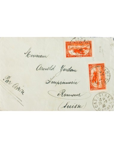 Marruecos Francés, Aéreo. Sobre Yv 7(2). 1925. 1 fr naranja, dos sellos. CASABLANCA a ROMONT (SUIZA). Al dorso llegada. MAGNIF