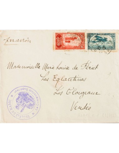 Marruecos Francés. Sobre Yv 107, Aéreo 3. 1926. 30 cts rojo y 50 cts azul verde (ligero defecto). RABAT a LES CLOUZEAUX (FRANC