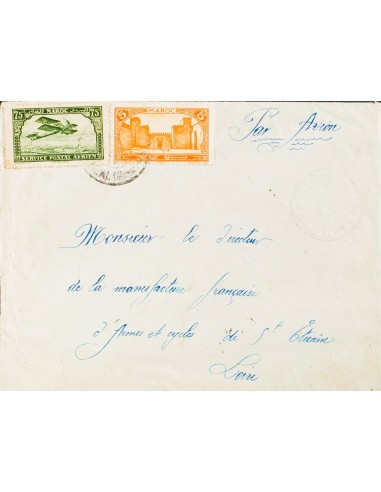 Marruecos Francés. Sobre Yv 101, Aéreo 5. 1926. 5 cts amarillo y 75 cts verde. ATOUI (AZICAL) a SAINTE ETIENNE (FRANCIA). En e