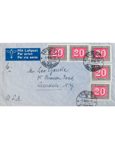 Suiza. Sobre Yv 407(5). 1946. 20 cts gris y lila, cinco sellos. ZURICH a SCARDALE (U.S.A.). MAGNIFICA.