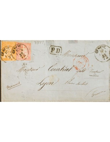 Suiza. Sobre Yv 28, 29. 1859. 15 r rosa (margen corto) y 20 r naranja. GINEBRA a LYON (FRANCIA). Matasello fechador GENEVE. BO