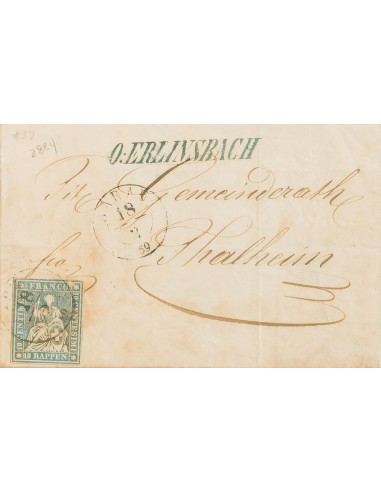 Suiza. Sobre Yv 27. 1859. 10 r azul. ERLINSBACH a THALHEIM. Matasello AARAU y en el frente marca O: ERLINSBACH, en azul. MAGNI