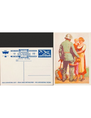 Suiza, Entero Postal. (*)Yv . 1929. 25 cts azul sobre Tarjeta Entero Postal BUNDESFEIER 1929 (soldado y familia). MAGNIFICA. (