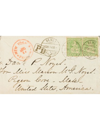 Suiza. Sobre Yv 45(2). 1874. 25 cts verde amarillo, dos sellos. VEVEY a PIGEON COVE (U.S.A.). En el frente tránsito NEW YORK,