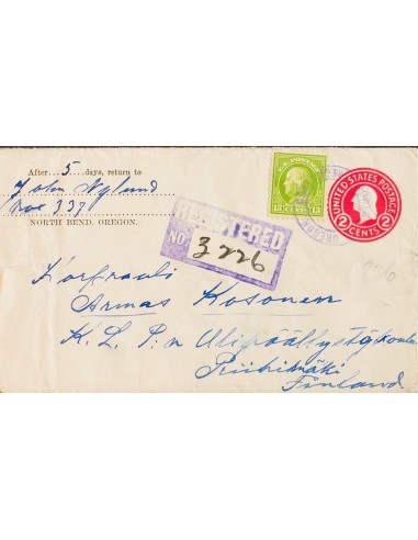 Estados Unidos, Entero Postal. Sobre Yv 211. 1924. 2 ctvos carmín sobre Entero Postal de Certificado de NORTH BEND a RIIHIMAKI