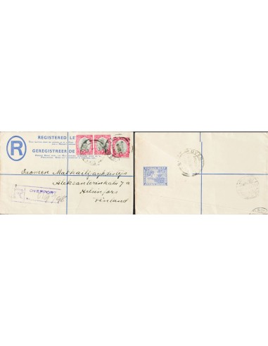 Africa del Sur, Entero Postal. Sobre Yv 17, 20(2). 1935. 4 p ultramar sobre Entero Postal Certificado de OVERPORT a HELSINKI (