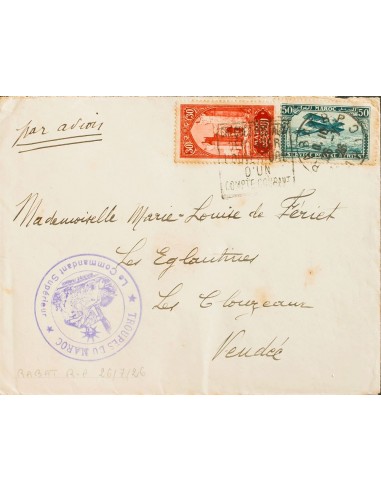 Marruecos Francés. Sobre Yv 107, Aéreo 3. 1926. 30 cts rojo y 50 cts azul verde (tonalizado). RABAT a LES CLOUZEAUX (FRANCIA).