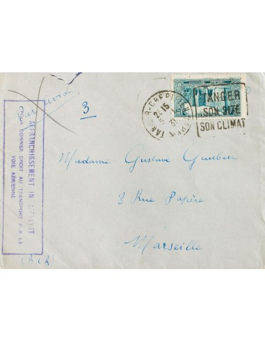 Marruecos Francés. Sobre Yv 119. 1931. 1´50 fr azul verde. TANGER a MARSELLA. En el frente marca AFFRANCHISSEMENT INSUFFISANT