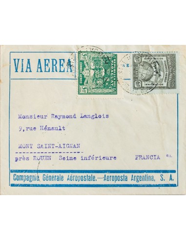 Paraguay. Sobre Yv 21, 23. 1930. 3´40 p verde y 6´80 p negro. Correo Aéreo dirigido a MONT SAINT AIGNAN (FRANCIA). Al dorso ll