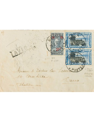 Congo Belga. Sobre Yv 165, Aéreo 3(2). 1932. 2 f sobre 1´60 f pizarra y 2 f azul y negro, dos sellos. BUTA a CUNEO (ITALIA). A