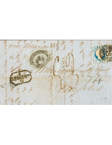 Portugal. Sobre Yv 11. 1856. 25 reis azul. OPORTO a NAPOLES (ligeramente erosionada en el frente). En el frente porteos "53" y