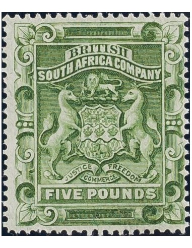 Africa del Sur. (*)Yv 10. 1890. 5 libras verde oliva. MAGNIFICO Y MUY RARO. Yvert 2010: 2.750 Euros.