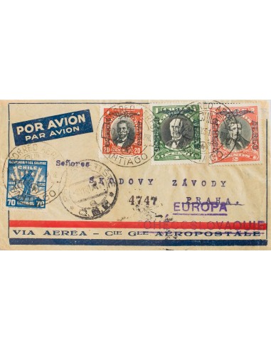 Chile, Aéreo. Sobre Yv 13, 18, 19. 1931. 20 ctvos naranja y negro, 1 p verde y negro, 2 p bermellón y negro y 70 cts azul. SAN