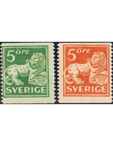 Suecia. *Yv 123b, 124a. 1920. 5 ore verde y 5 ore castaño rojo. DENTADO VERTICAL 13. MAGNIFICOS. Yvert 2013: 422,5 Euros.