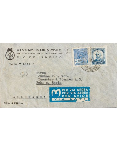 Brasil. Sobre Yv 176, 209. 1941. 400 reis azul y 5000 reis azul. RIO DE JANEIRO a FAHR (ALEMANIA), circulada por la Compañía L
