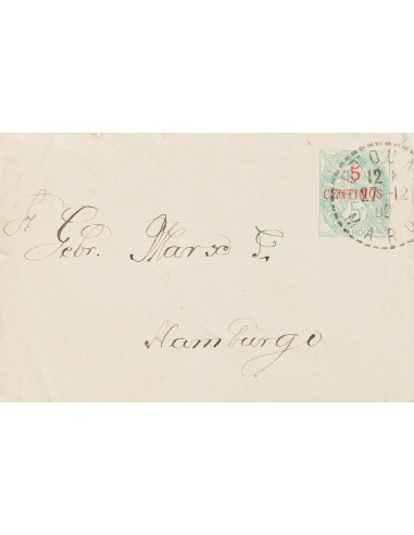 Marruecos Francés, Entero Postal. Sobre . 1909. 5 cts sobre 5 cts verde. TETUAN a HAMBURGO (ALEMANIA). Matasello TETOUAN / MAR