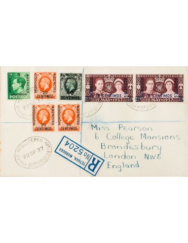 Marruecos Británico, Zona I (Zona española). Sobre Yv 41(3), 54, 66, 70(2). 1937. 20 cts sobre 2 p, tres sellos, 40 cts sobre