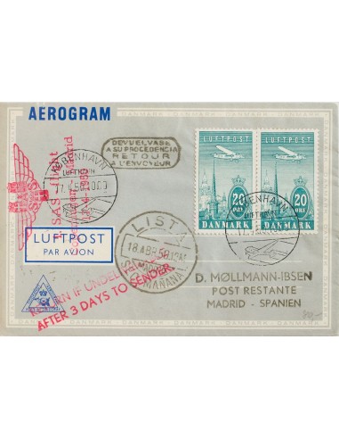 Dinamarca, Aéreo. Sobre Yv 8(2). 1950. 20 ore verde gris, dos sellos. Aerograma de COPENHAGUE a MADRID. En el frente marca 1.