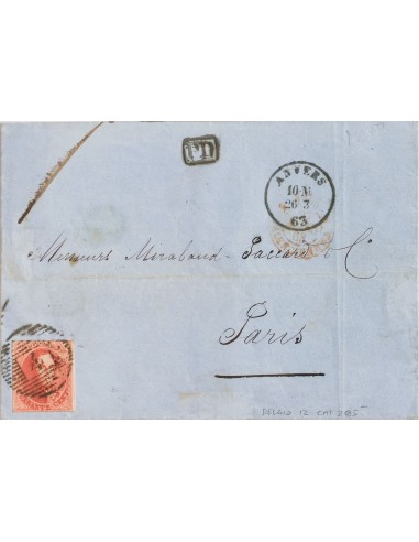 Bélgica. Sobre Yv 12. 1863. 40 cts rojo. AMBERES a PARIS (FRANCIA). Matasello NUMERAL DE BARRAS Nº4. MAGNIFICA.