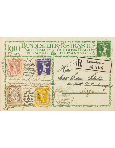 Suiza, Entero Postal. Sobre Yv 101, 113, 114, 129. 1910. 5 cts verde sobre Tarjeta Entero Postal de Certificado de EMMENBRUCKE