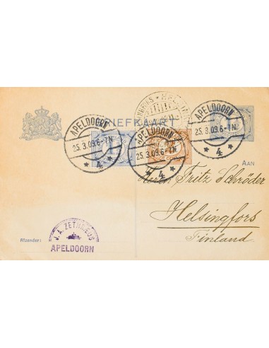 Holanda, Entero Postal. Sobre Yv 67, 68. 1909. 1 ½ cts lila sobre Tarjeta Entero Postal de APELDOORN a HELSINKI (FINLANDIA), c