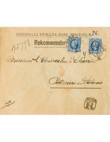Suecia. Sobre Yv 45(2). 1892. 20 ore azul, dos sellos. Certificado de ESTOCOLMO a PITHIVIERS (FRANCIA). Al dorso llegada. MAGN